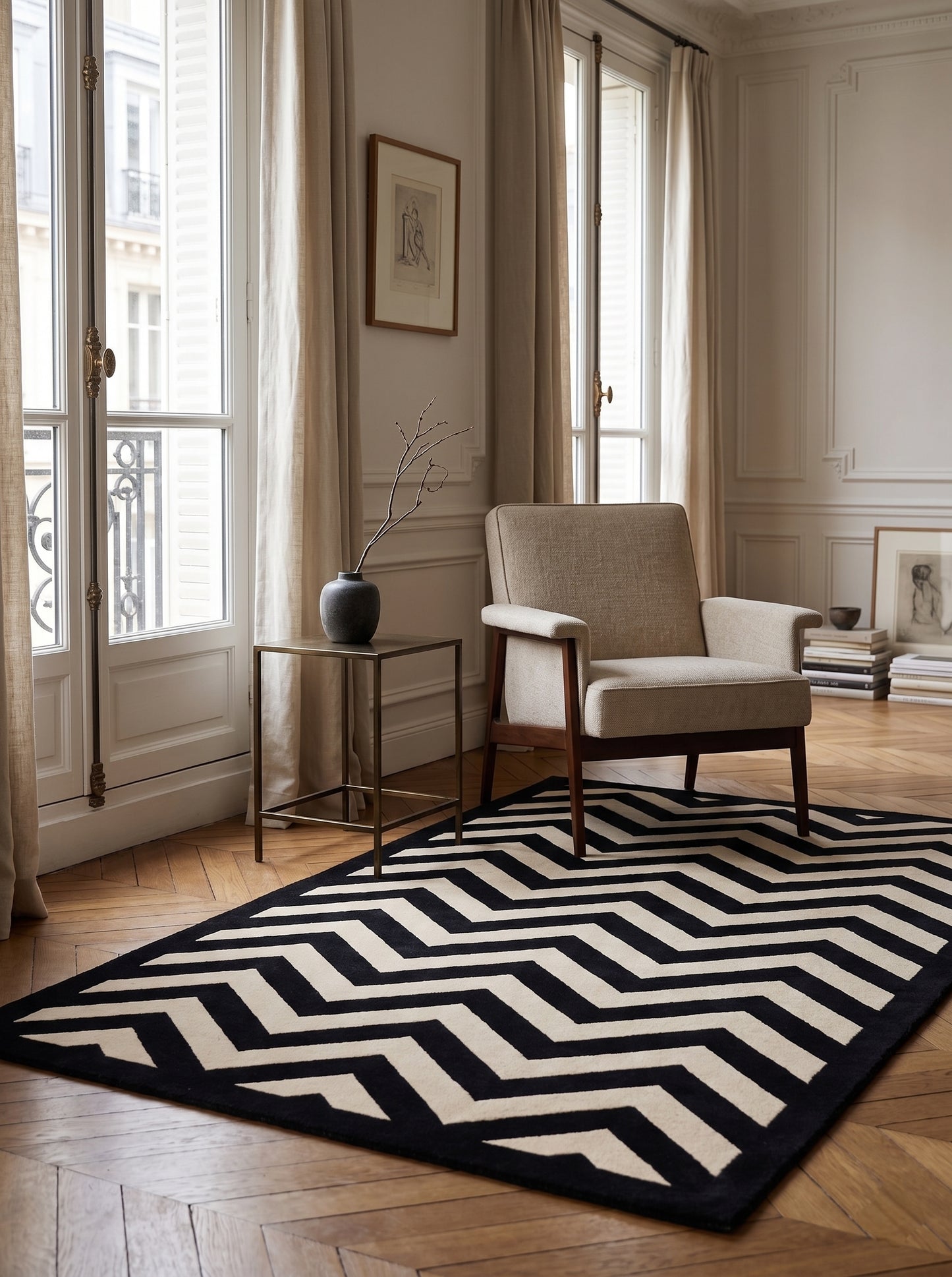 Bold Chevron Hand-Tufted Wool Rug | Black & Cream Geometric Area Carpet