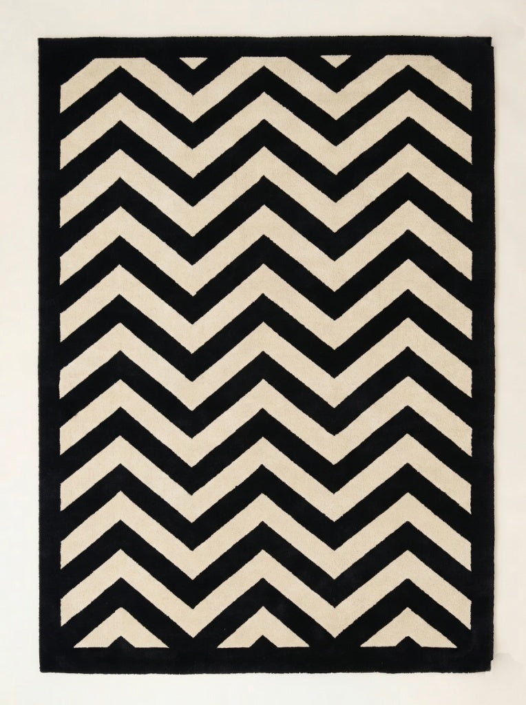 Bold Chevron Hand-Tufted Wool Rug | Black & Cream Geometric Area Carpet