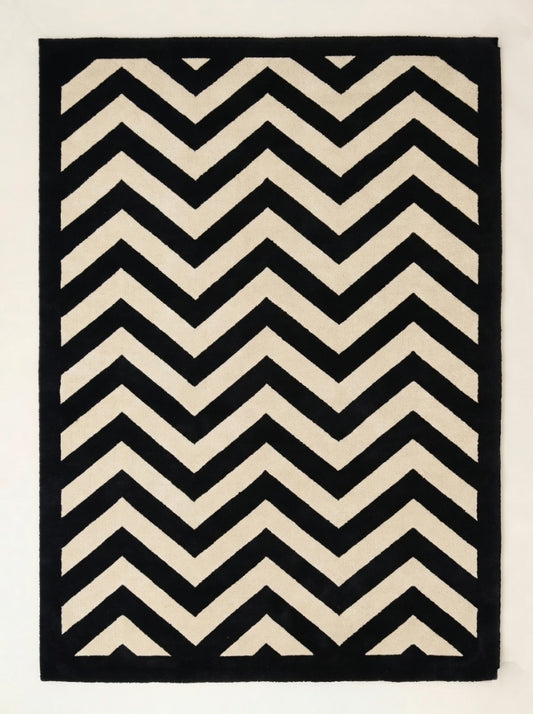 Bold Chevron Hand-Tufted Wool Rug | Black & Cream Geometric Area Carpet